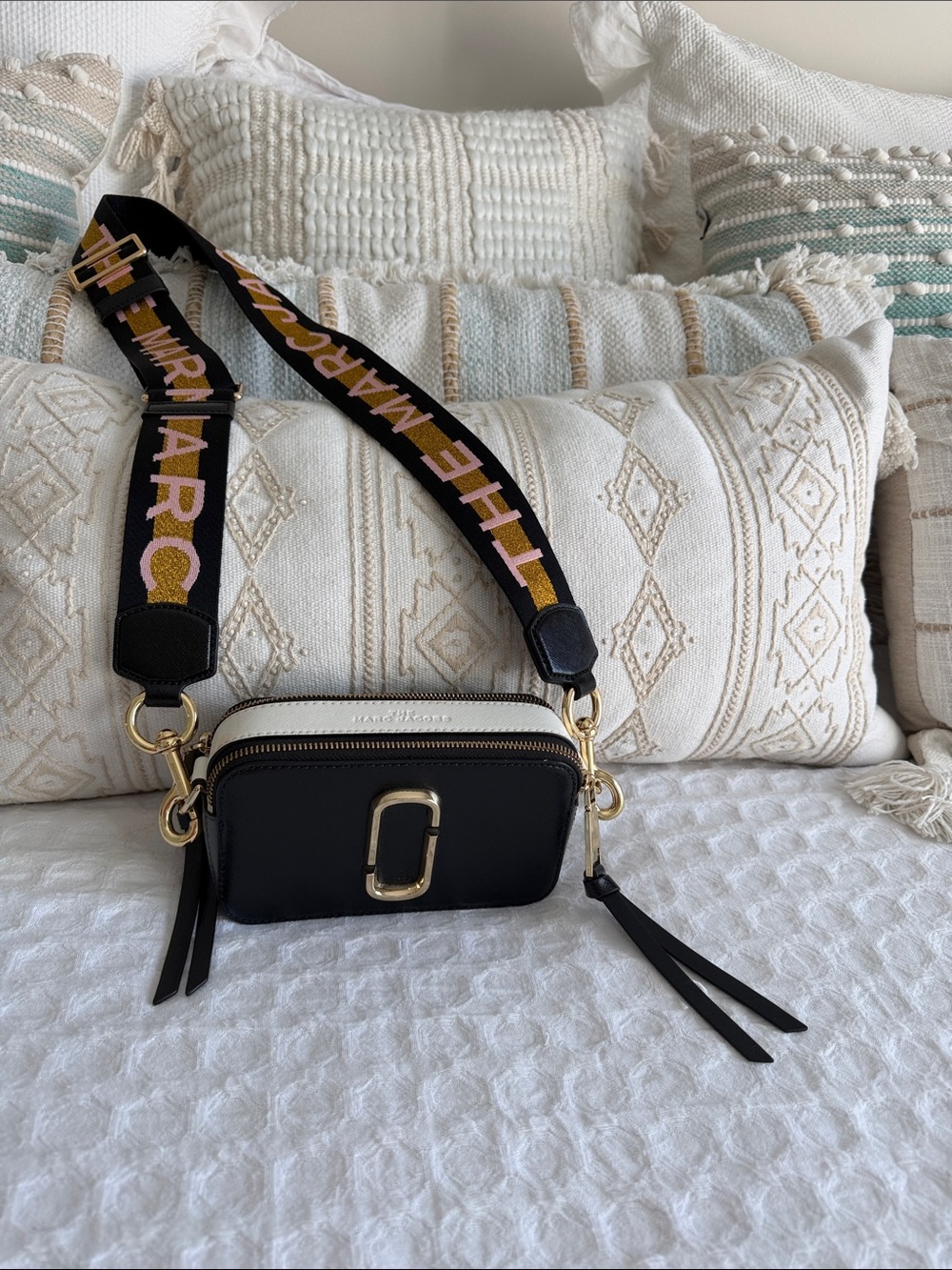 Marc Jacobs Black and White Cross Body Snapshot Camera Bag with Branded Strap
